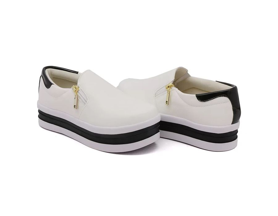 Tênis Feminino Dk Shoes Zíper Duas Cores Plataforma Branco Preto