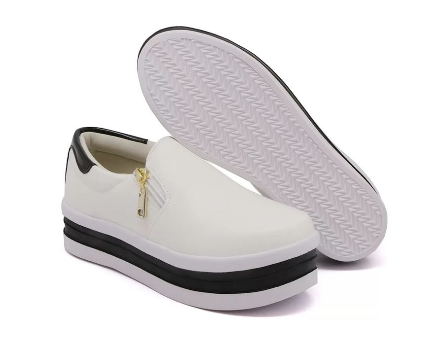Tênis Feminino Dk Shoes Zíper Duas Cores Plataforma Branco Preto