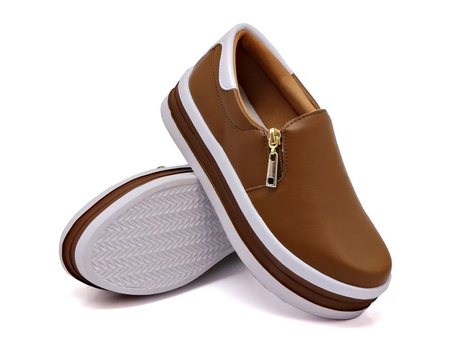Tênis Feminino Dk Shoes Zíper Duas Cores Plataforma Caramelo