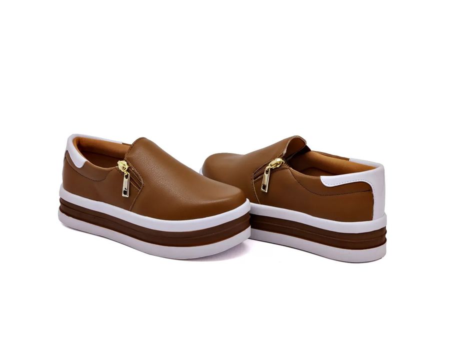 Tênis Feminino Dk Shoes Zíper Duas Cores Plataforma Caramelo