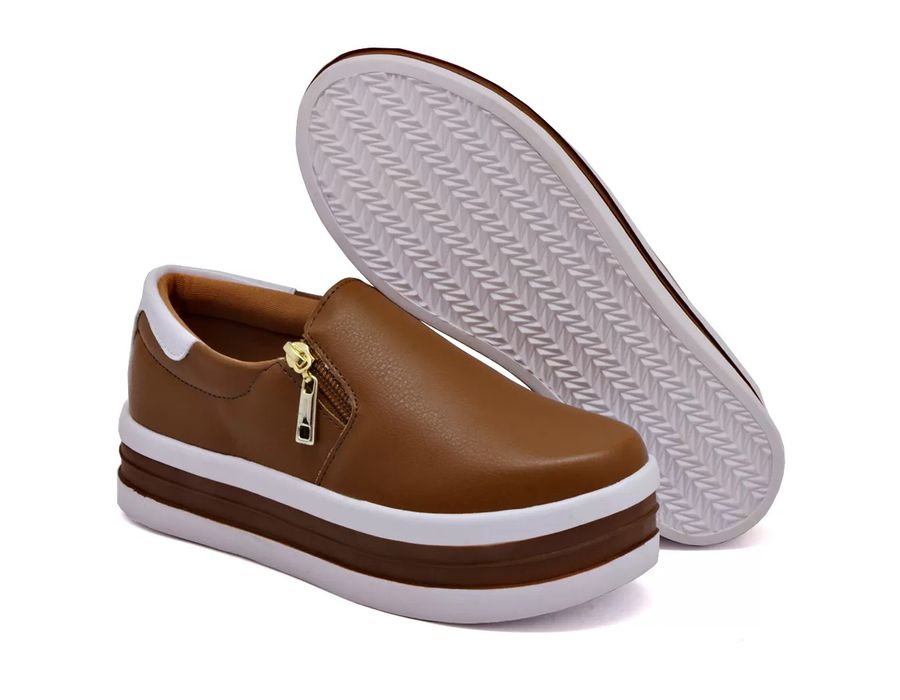 Tênis Feminino Dk Shoes Zíper Duas Cores Plataforma Caramelo