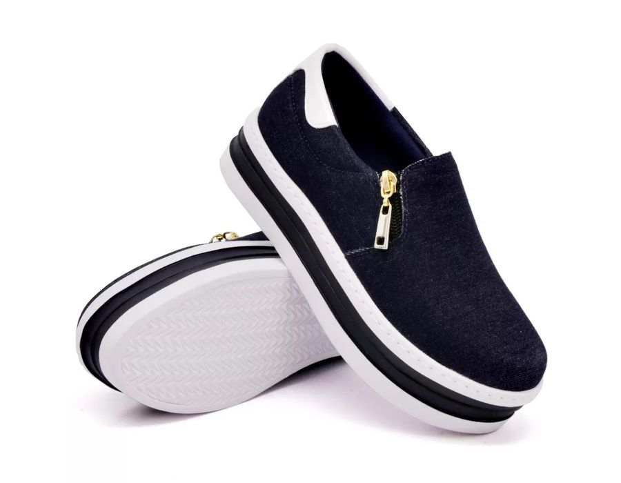 Tênis Feminino Dk Shoes Zíper Duas Cores Plataforma Jeans Escuro