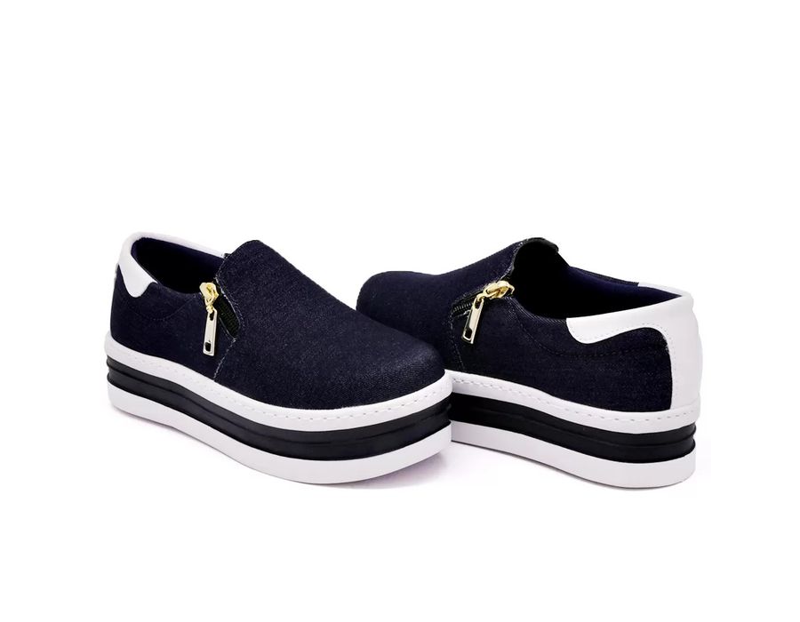 Tênis Feminino Dk Shoes Zíper Duas Cores Plataforma Jeans Escuro