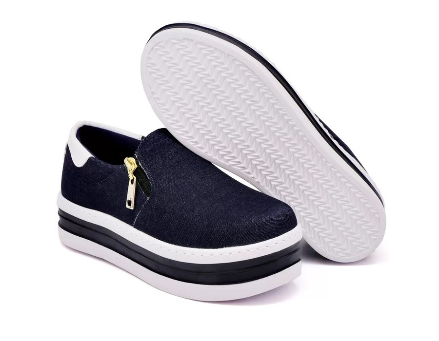 Tênis Feminino Dk Shoes Zíper Duas Cores Plataforma Jeans Escuro