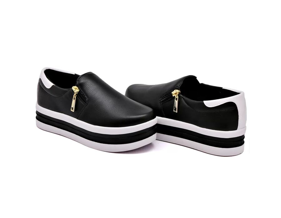 Tênis Feminino Dk Shoes Zíper Duas Cores Plataforma Preto
