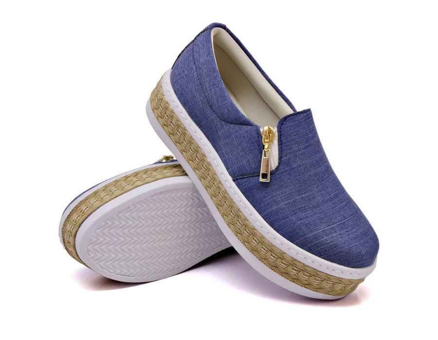 Tênis Dk Shoes Slip On Calce Fácil Jeans Claro Corda Flat Form Jeans Claro