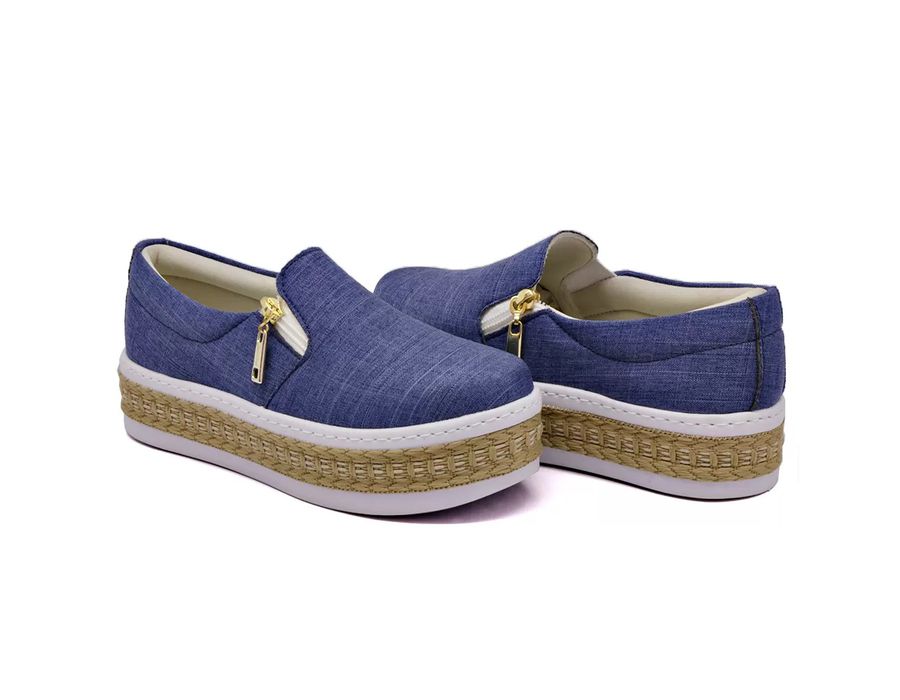 Tênis Dk Shoes Slip On Calce Fácil Jeans Claro Corda Flat Form Jeans Claro