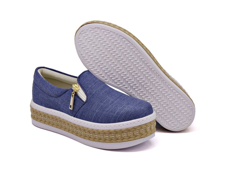 Tênis Dk Shoes Slip On Calce Fácil Jeans Claro Corda Flat Form Jeans Claro