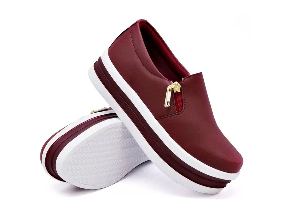 Tênis Feminino Slip On Zíper Sola Alta DK Bordo