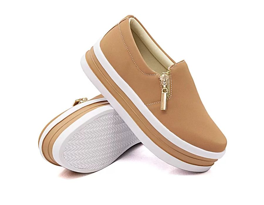 Tênis Feminino Slip On Zíper Sola Alta DK Caramelo 