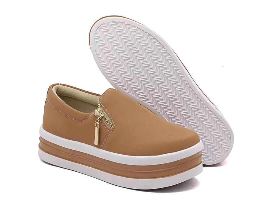 Tênis Feminino Slip On Zíper Sola Alta DK Caramelo 