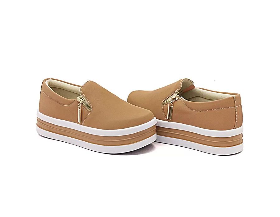 Tênis Feminino Slip On Zíper Sola Alta DK Caramelo 
