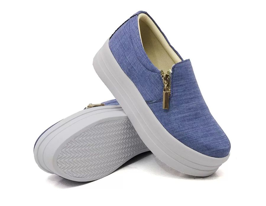 Tênis Feminino Slip On Zíper Sola Alta DK Jeans Claro