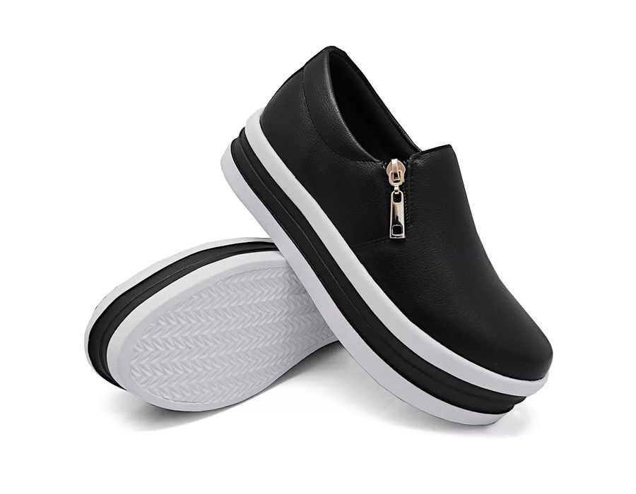 Tênis Feminino Slip On Zíper Sola Alta DK Preto