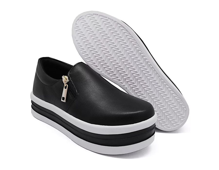 Tênis Feminino Slip On Zíper Sola Alta DK Preto