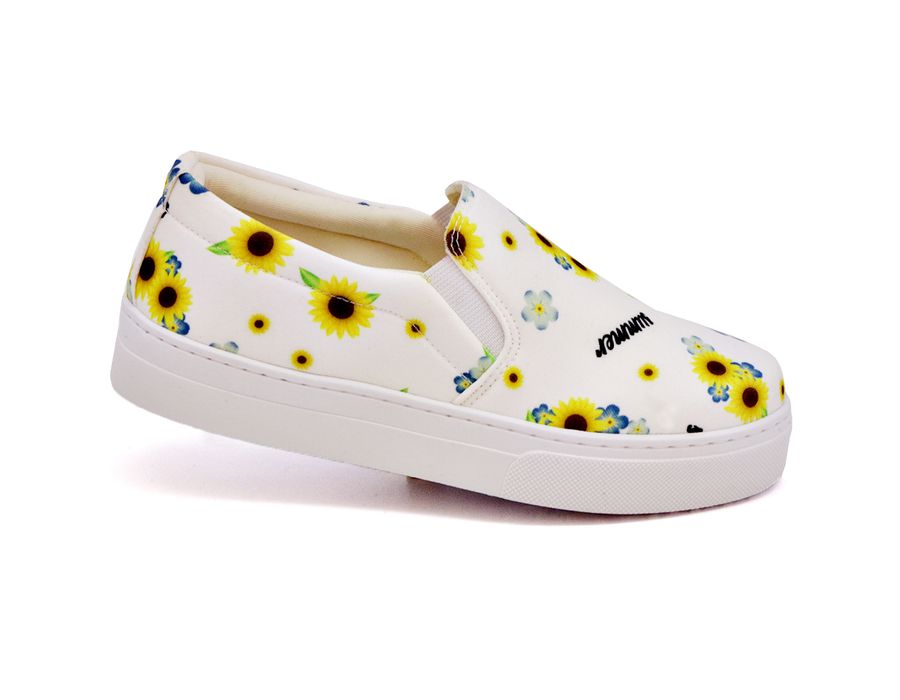 Tênis Slip On Floral Girassol Dk Shoes Sola Baixa Branco Girassol