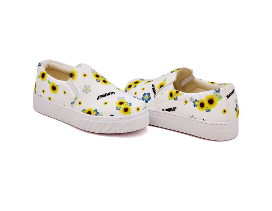 Tênis Slip On Floral Girassol Dk Shoes Sola Baixa Branco Girassol