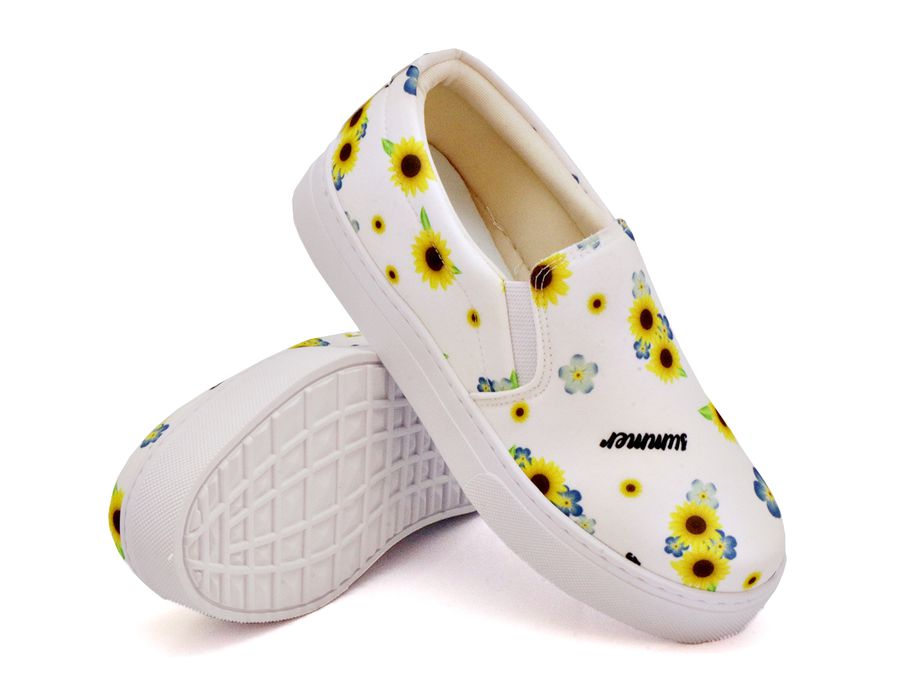 Tênis Slip On Floral Girassol Dk Shoes Sola Baixa Branco Girassol