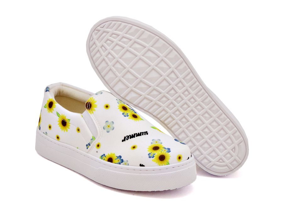 Tênis Slip On Floral Girassol Dk Shoes Sola Baixa Branco Girassol