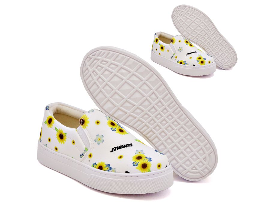Tênis Slip On Floral Girassol Dk Shoes Sola Baixa Branco Girassol