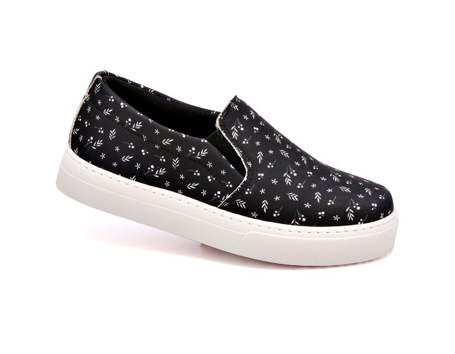 Tênis Slip On Floral Girassol Dk Shoes Sola Baixa Preto