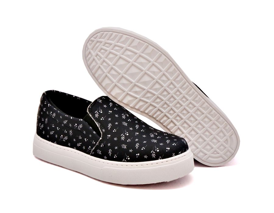 Tênis Slip On Floral Girassol Dk Shoes Sola Baixa Preto
