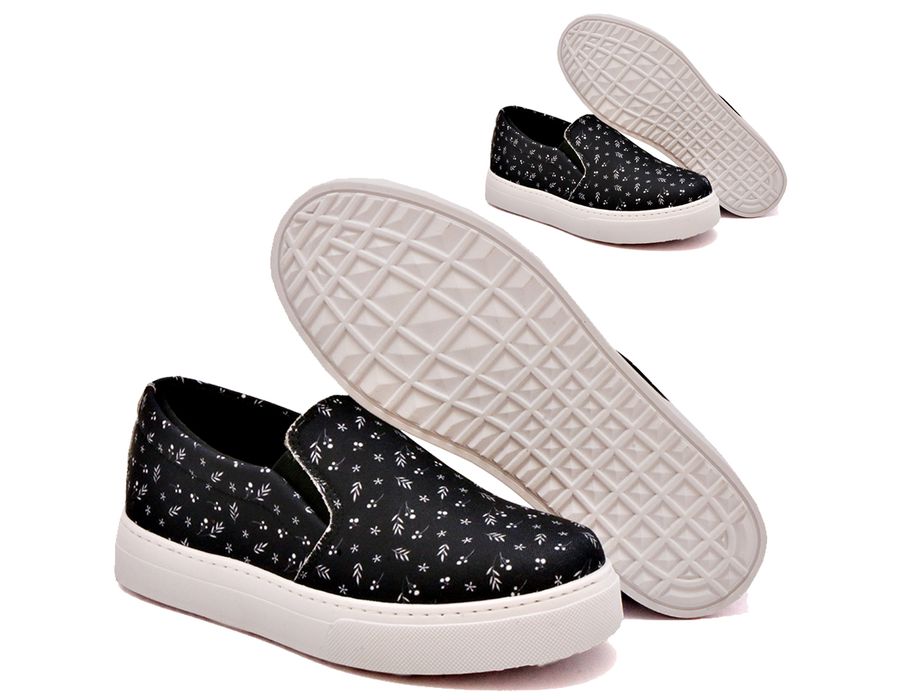 Tênis Slip On Floral Girassol Dk Shoes Sola Baixa Preto