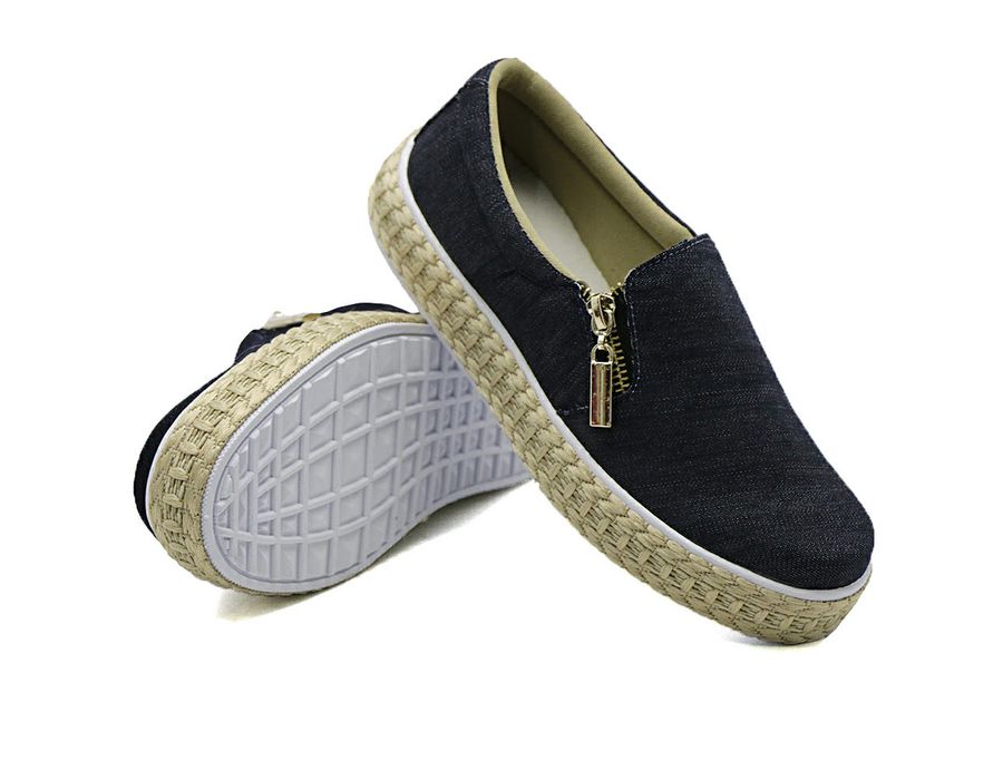 Tênis Slip On Zíper Detalhe Corda Dk Jeans Escuro