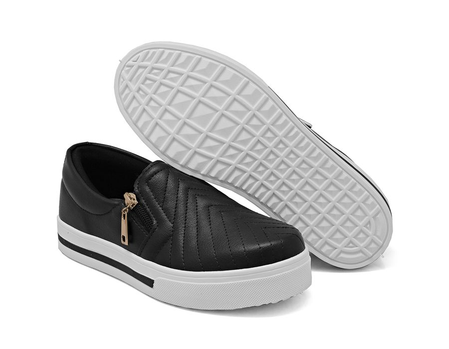 Tênis Slip On Zíper Iate Costura Frontal Calce Fácil Confortável Dk Shoes Preto