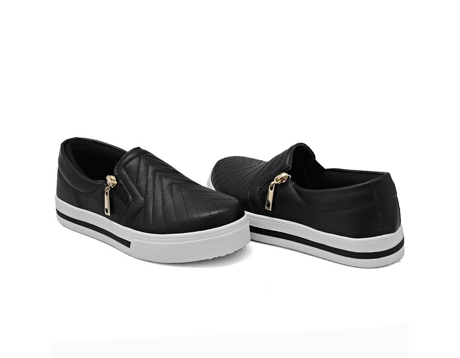 Tênis Slip On Zíper Iate Costura Frontal Calce Fácil Confortável Dk Shoes Preto