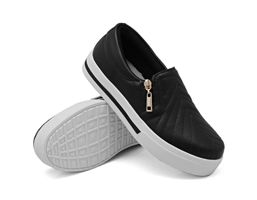 Tênis Slip On Zíper Iate Costura Frontal Calce Fácil Confortável Dk Shoes Preto