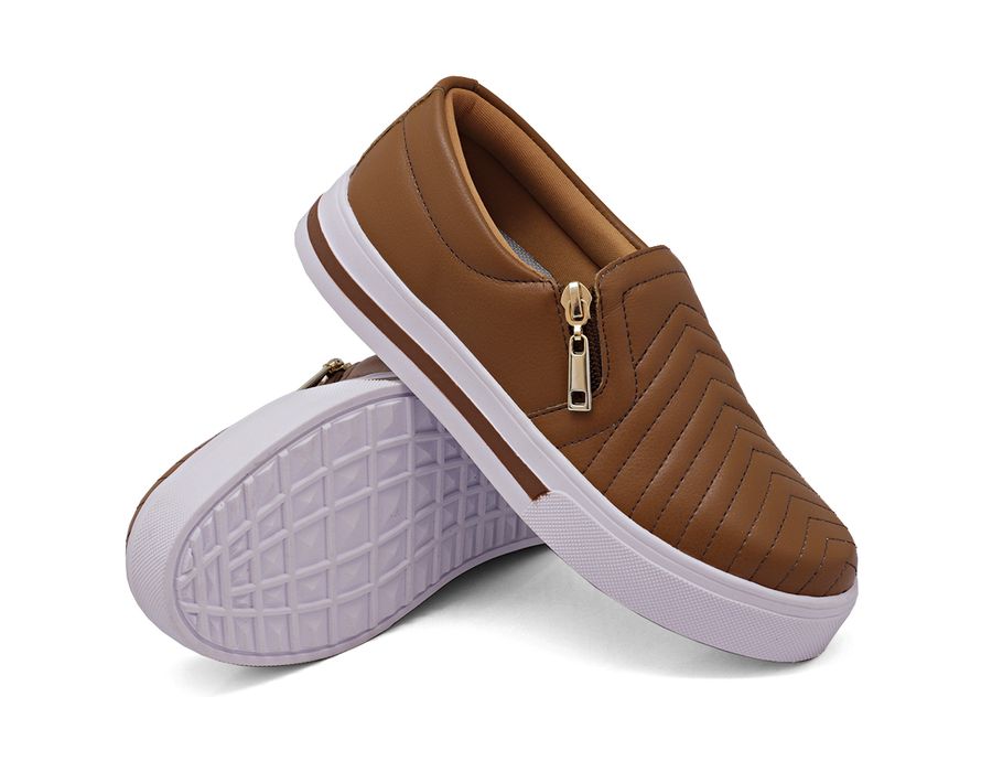 Tênis Slip On Zíper Iate Costura Frontal Dk Shoes Caramelo