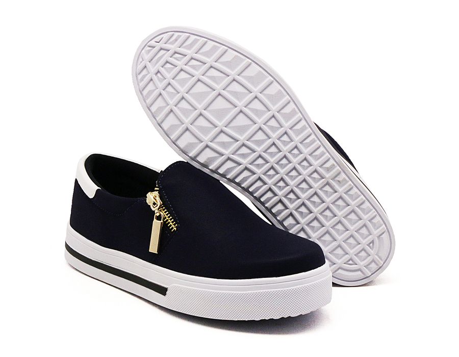 Tênis Feminino Slip On Dk Shoes Zíper Lateral Duas Cores Azul Escuro