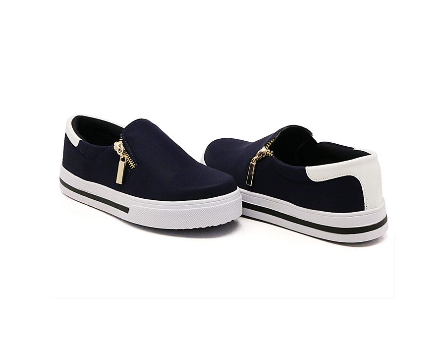 Tênis Feminino Slip On Dk Shoes Zíper Lateral Duas Cores Azul Escuro