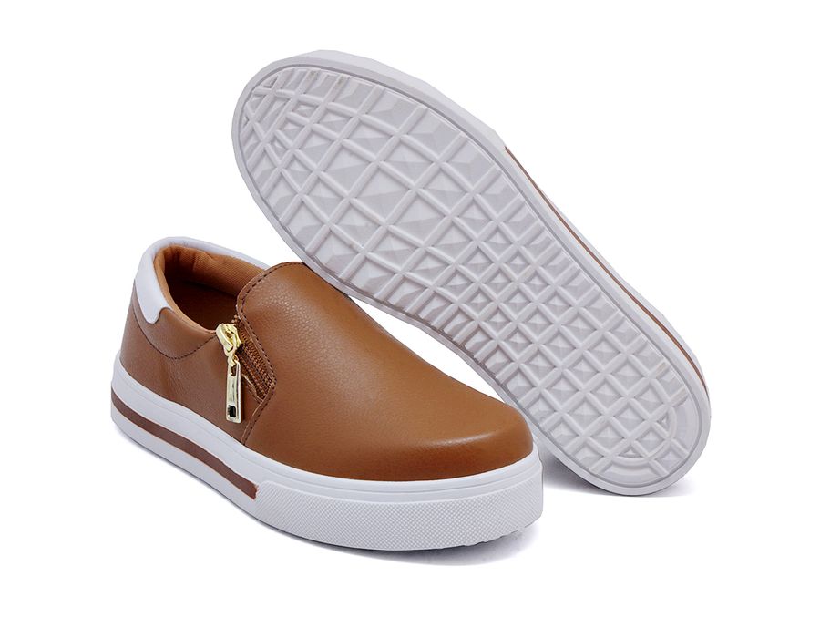 Tênis Feminino Slip On Dk Shoes Zíper Lateral Duas Cores Caramelo