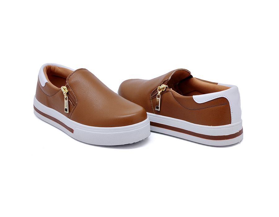 Tênis Feminino Slip On Dk Shoes Zíper Lateral Duas Cores Caramelo