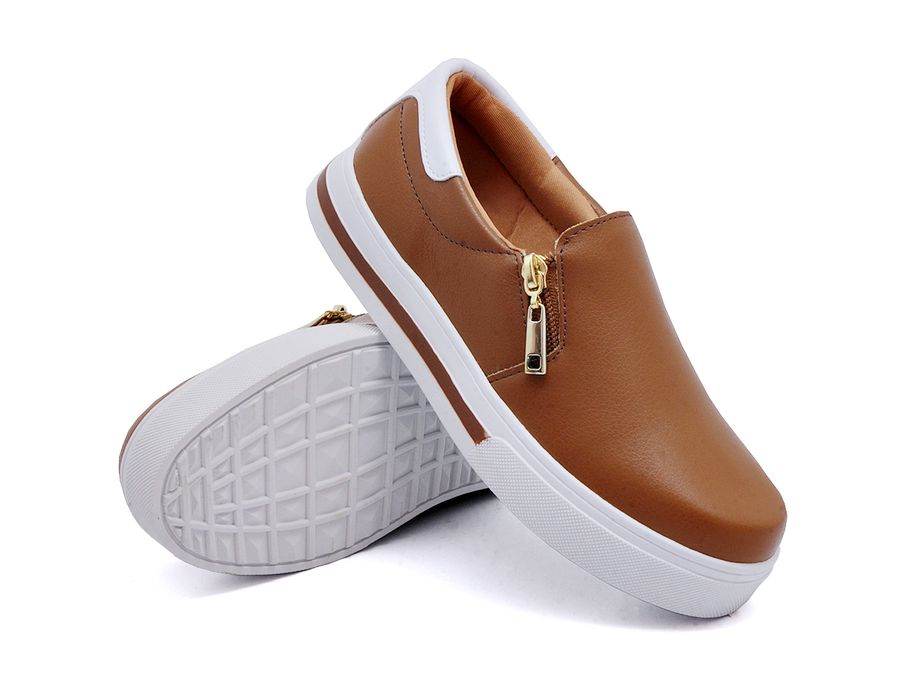 Tênis Feminino Slip On Dk Shoes Zíper Lateral Duas Cores Caramelo