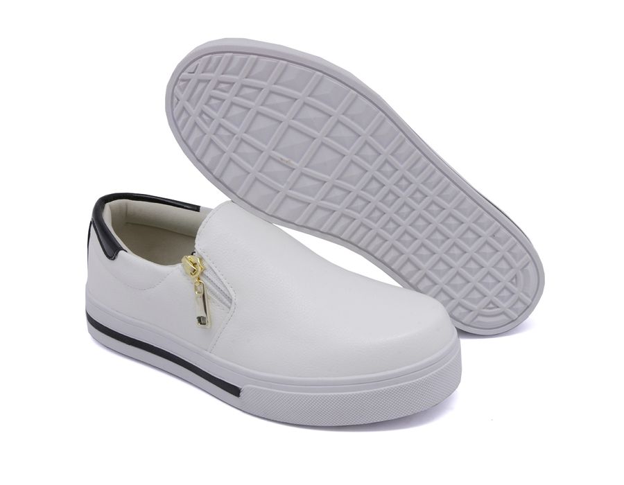 Tênis Feminino Slip On Dk Shoes Zíper Lateral Duas Cores Branco