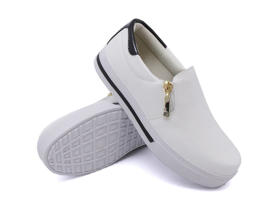 Tênis Feminino Slip On Dk Shoes Zíper Lateral Duas Cores Branco