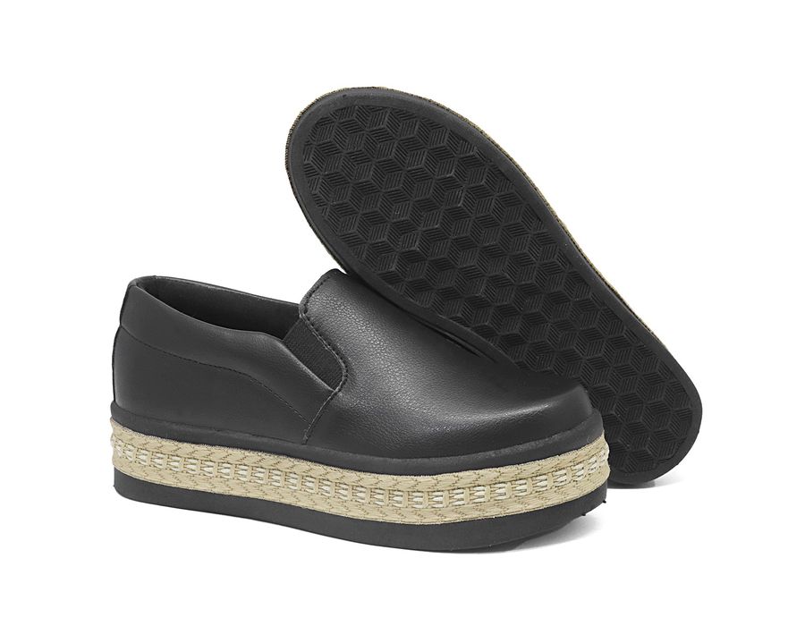 Tênis Dk Shoes Slip On Elástico Solado Alto Preto Detalhe Corda