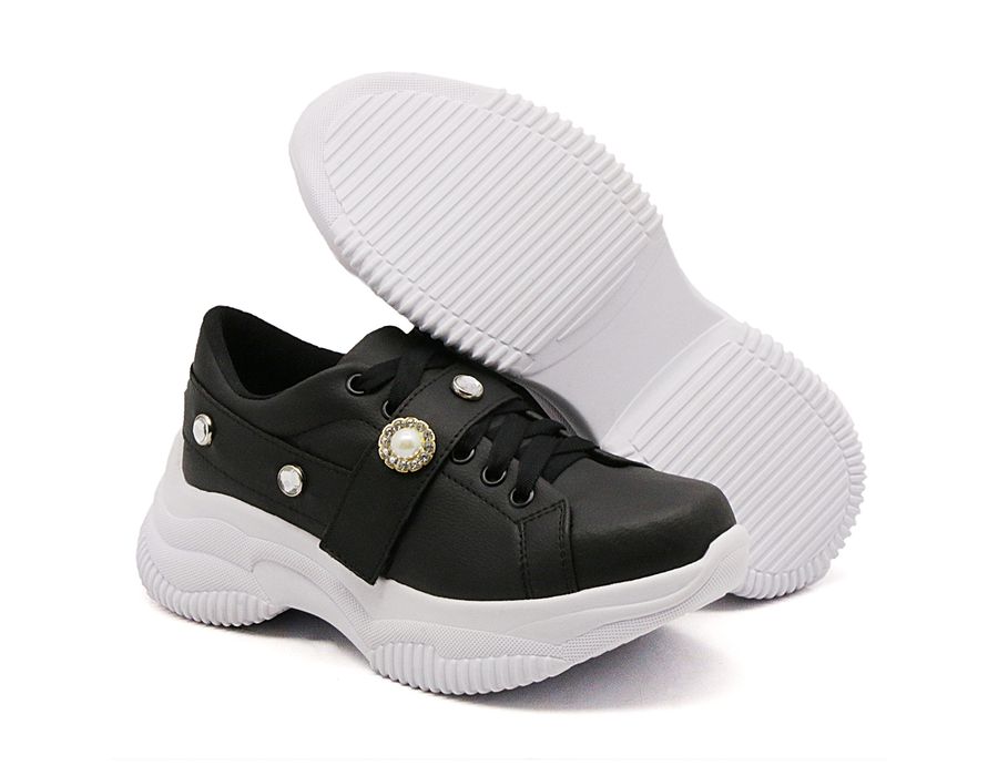 Tênis Feminino Casual Alto Chunky DK Shoes Pedrarias Preto