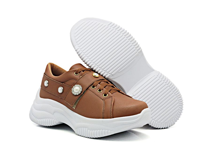 Tênis Feminino Casual Alto Chunky DK Shoes Pedrarias Caramelo