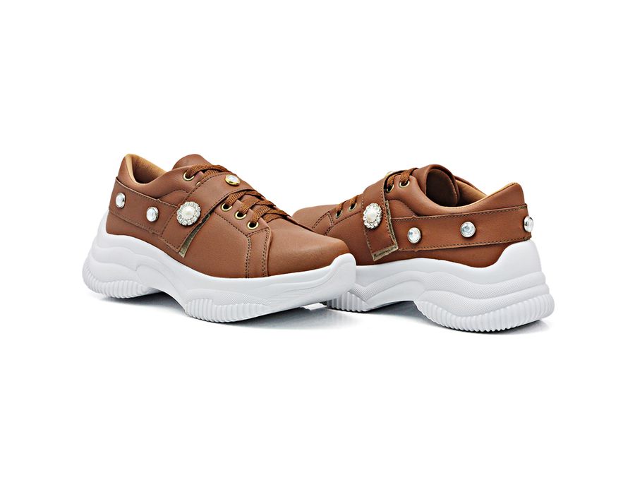 Tênis Feminino Casual Alto Chunky DK Shoes Pedrarias Caramelo