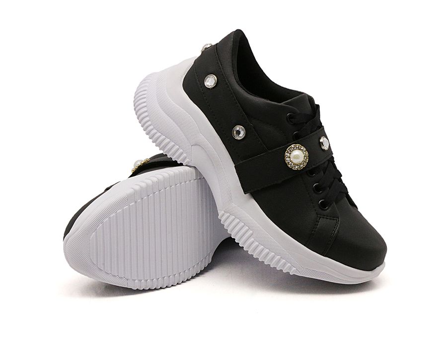 Tênis Feminino Casual Alto Chunky DK Shoes Pedrarias Preto