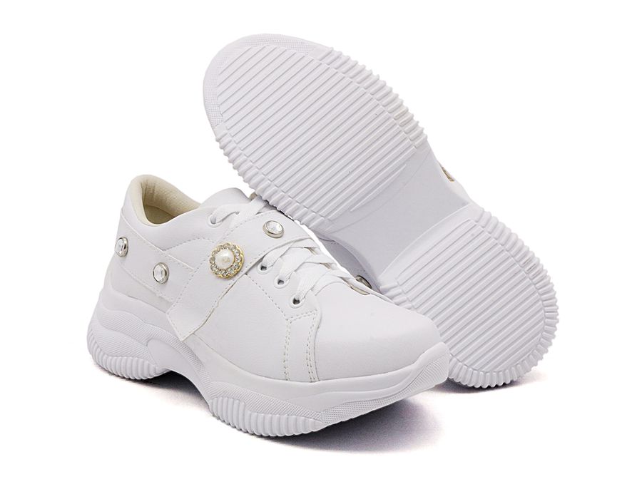 Tênis Feminino Casual Alto Chunky DK Shoes Pedrarias Branco