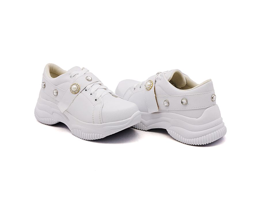 Tênis Feminino Casual Alto Chunky DK Shoes Pedrarias Branco