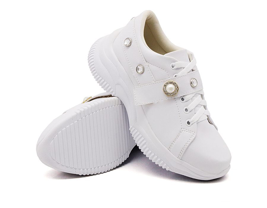 Tênis Feminino Casual Alto Chunky DK Shoes Pedrarias Branco