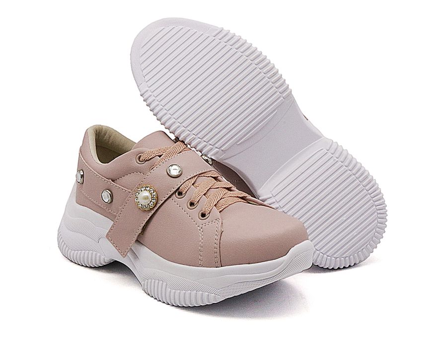 Tênis Feminino Casual Alto Chunky DK Shoes Pedrarias Rosê
