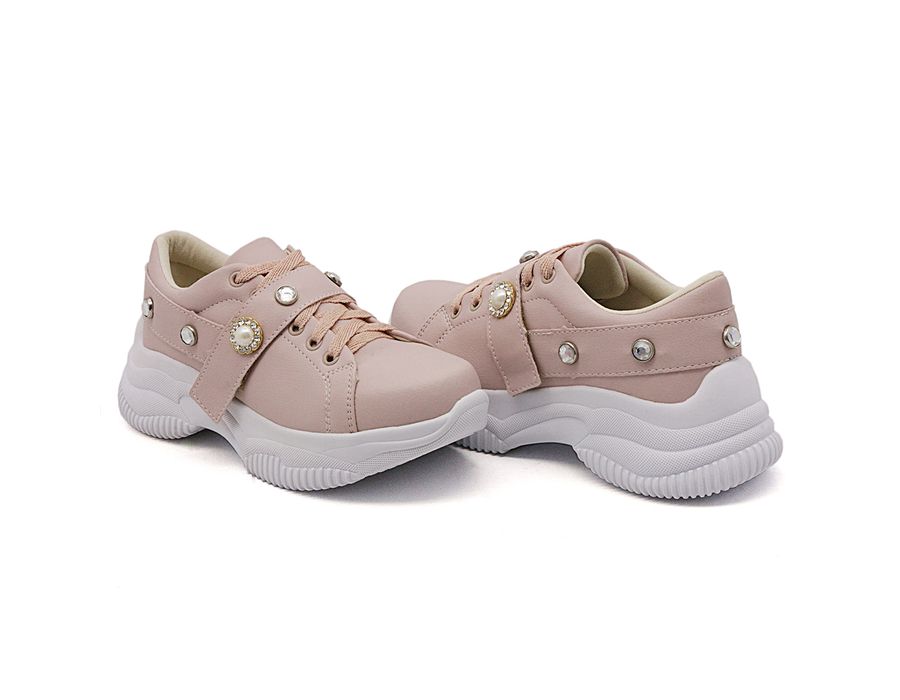 Tênis Feminino Casual Alto Chunky DK Shoes Pedrarias Rosê