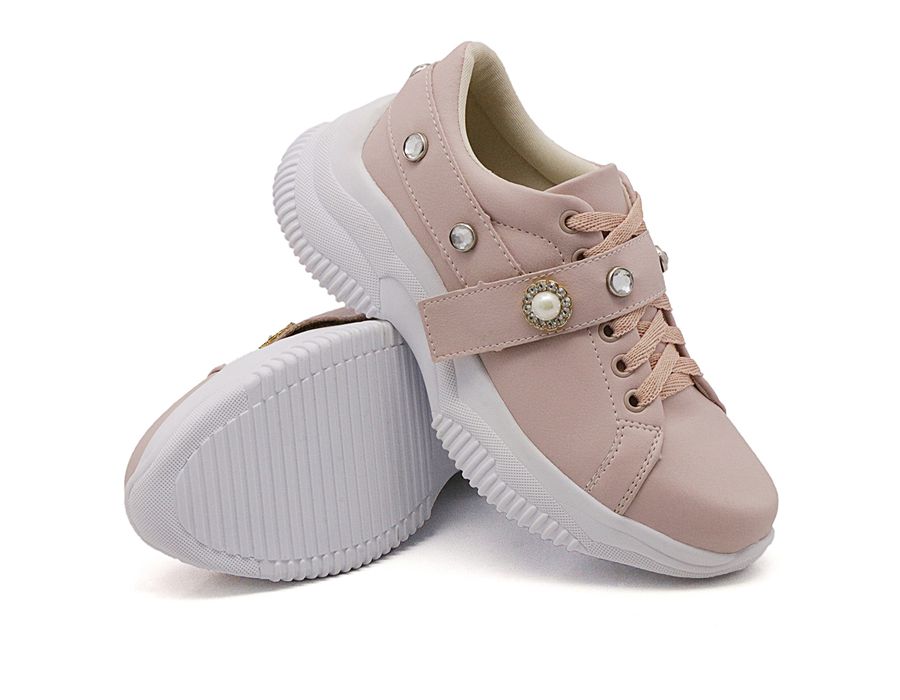 Tênis Feminino Casual Alto Chunky DK Shoes Pedrarias Rosê